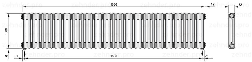 Схема (чертеж) Радиатор Zehnder Charleston 2056/41 №3570 Белый глянцевый RAL 9016